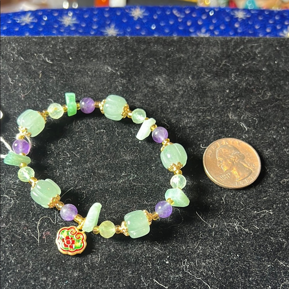 #40 Green aventurine and Purple Amythest Beaded Bracelet with Charm